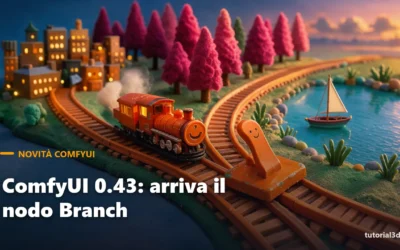 Diorama con un trenino arancione davanti a uno scambio ferroviario: il nodo Branch di ComfyUI 0.43