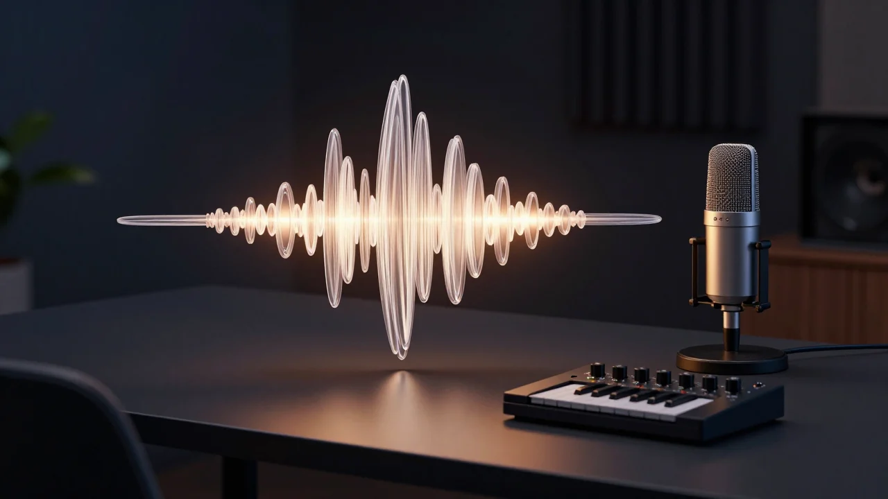 Onda sonora luminosa accanto a un microfono: le voci Eleven v4 e le novità audio per ComfyUI