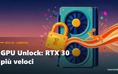 Scheda video con un lucchetto che si apre e una lepre luminosa: GPU Unlock per le RTX 30 in ComfyUI