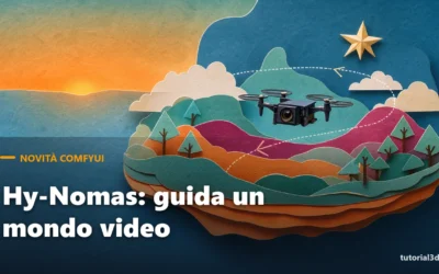 Mondo di carta a strati con un drone-camera in volo: Hy-Nomas in ComfyUI, il world model video di Tencent
